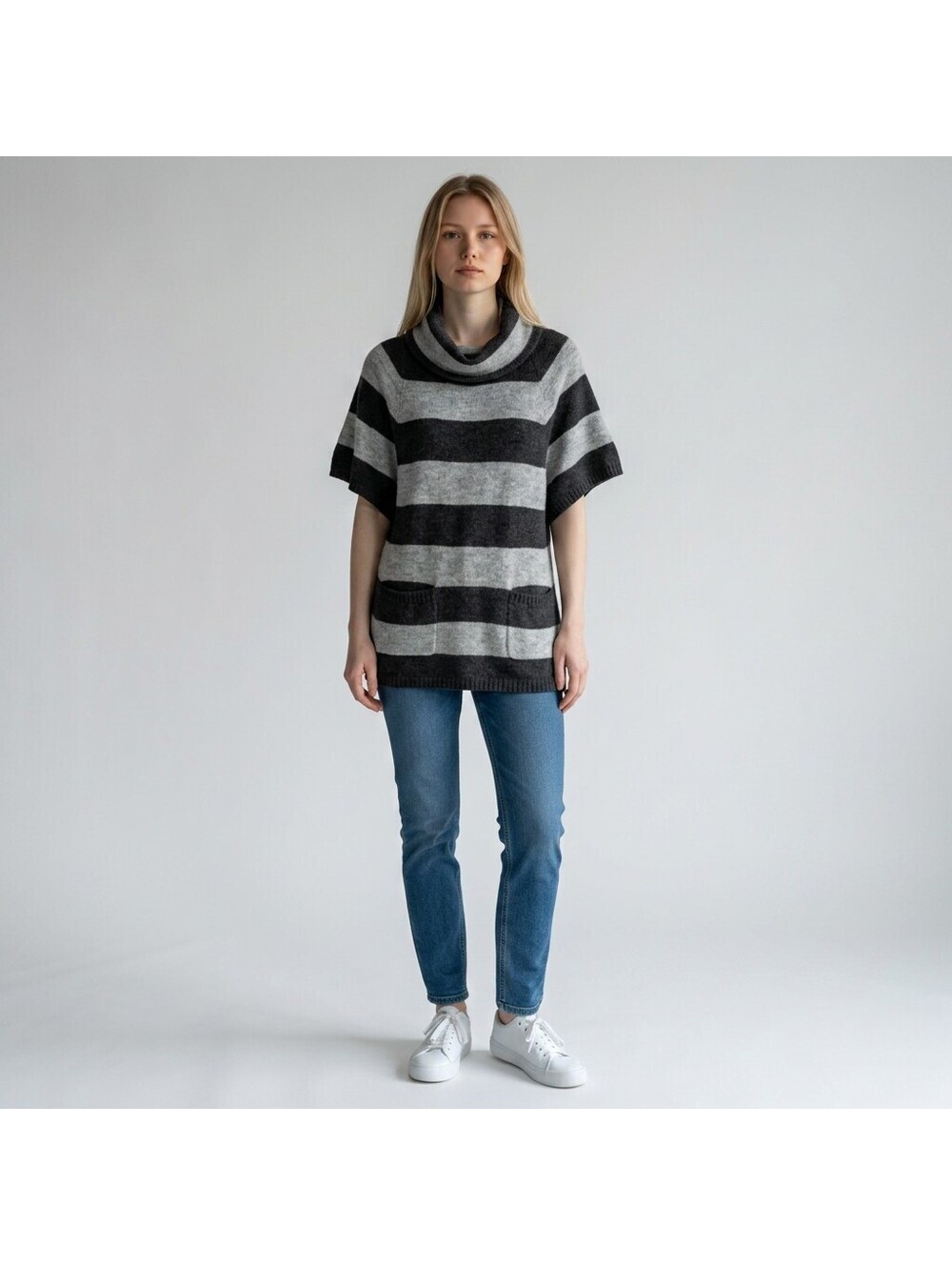 Kenar Sweater Pullover Women XS Gray Striped Short Sleeve Turtleneck Knit Soft